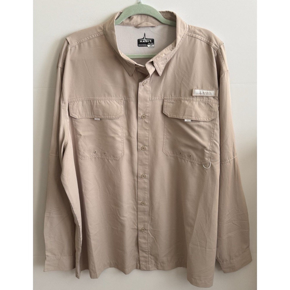 Habit‎ Vented Fishing Shirt Men's 2XL Tan Pockets 40+ Solar-Factor Long Sleeve